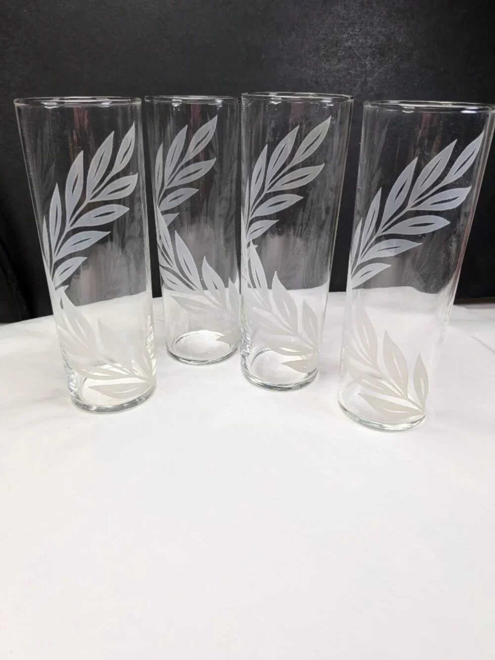 Vintage MCM Frosted White Leaf Highball Glasses 7